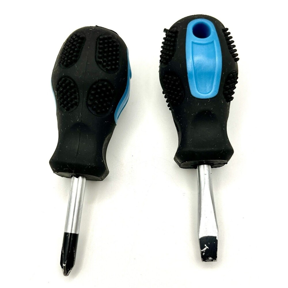 Set of 2 Stubby Screwdrivers Blue and Black Philips and Flathead